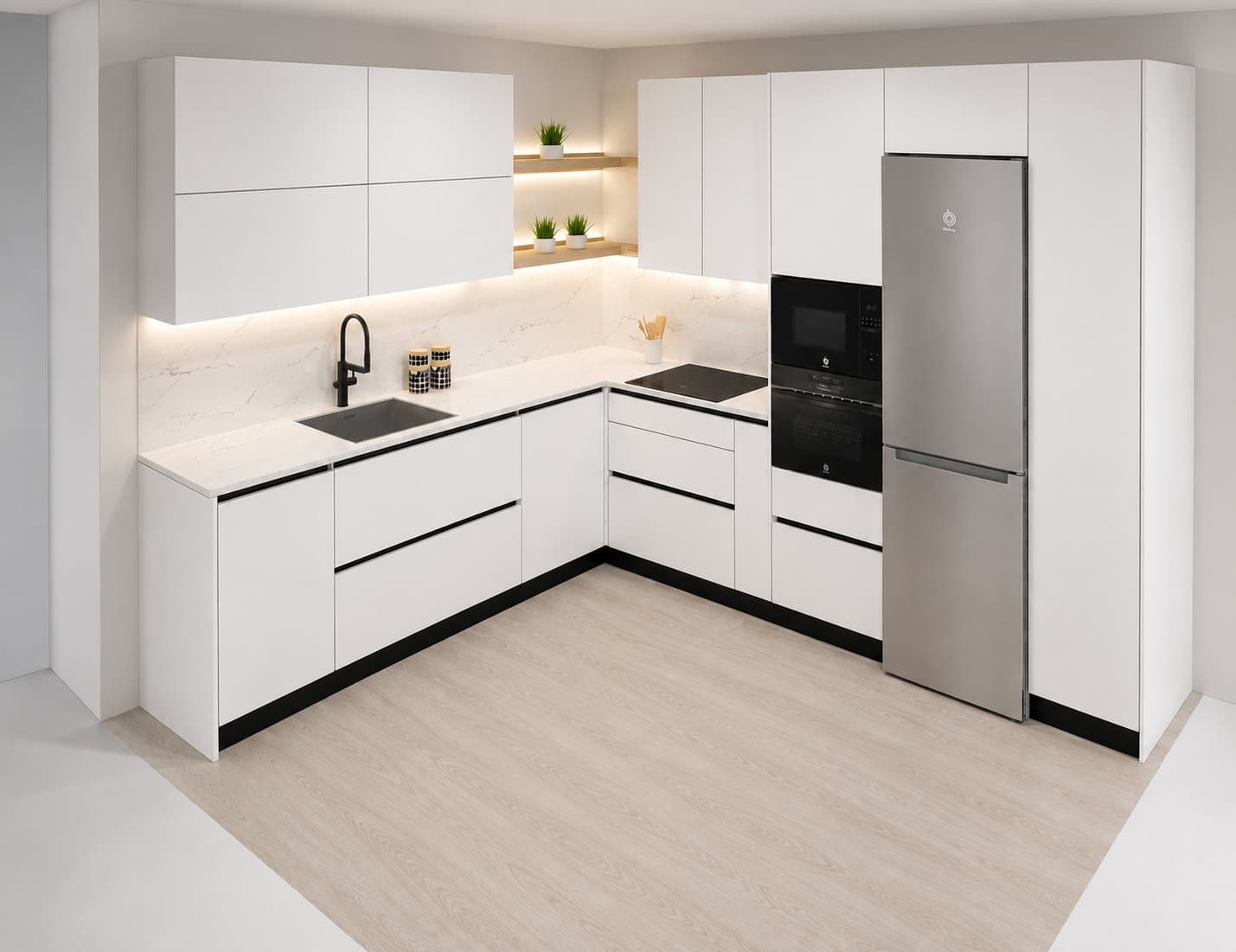 Render 3D de una cocina en L blanca con baldas iluminadas y columna de frigorífico