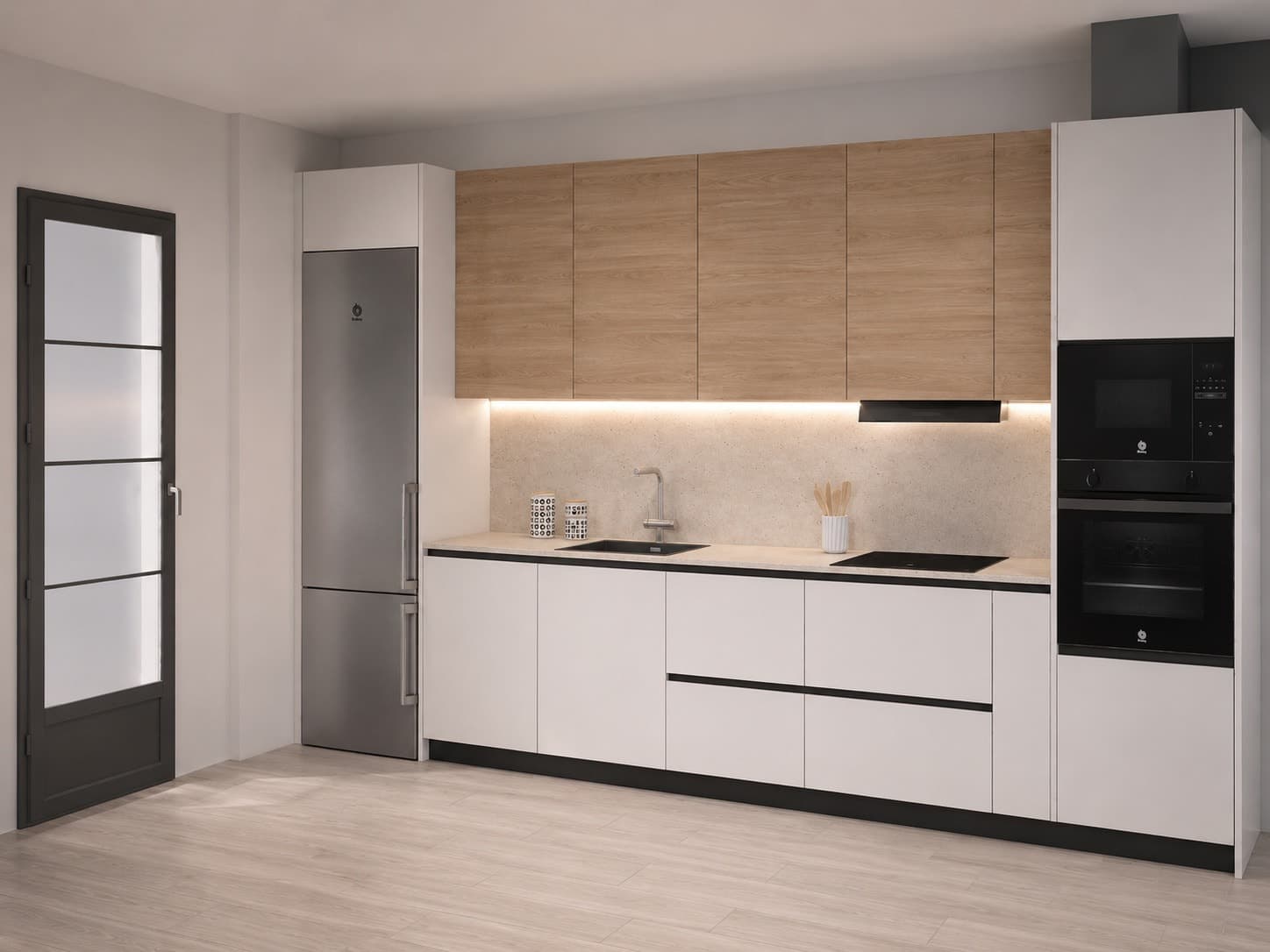 Render 3D de una cocina lineal blanca con altos de madera clara y columna de hornos