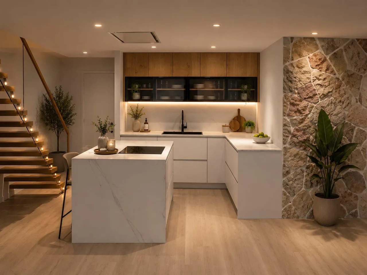 Render 3D de una cocina con isla blanca junto a una escalera y una pared de piedra