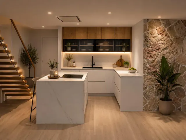 Render 3D de una cocina con isla blanca junto a una escalera y una pared de piedra