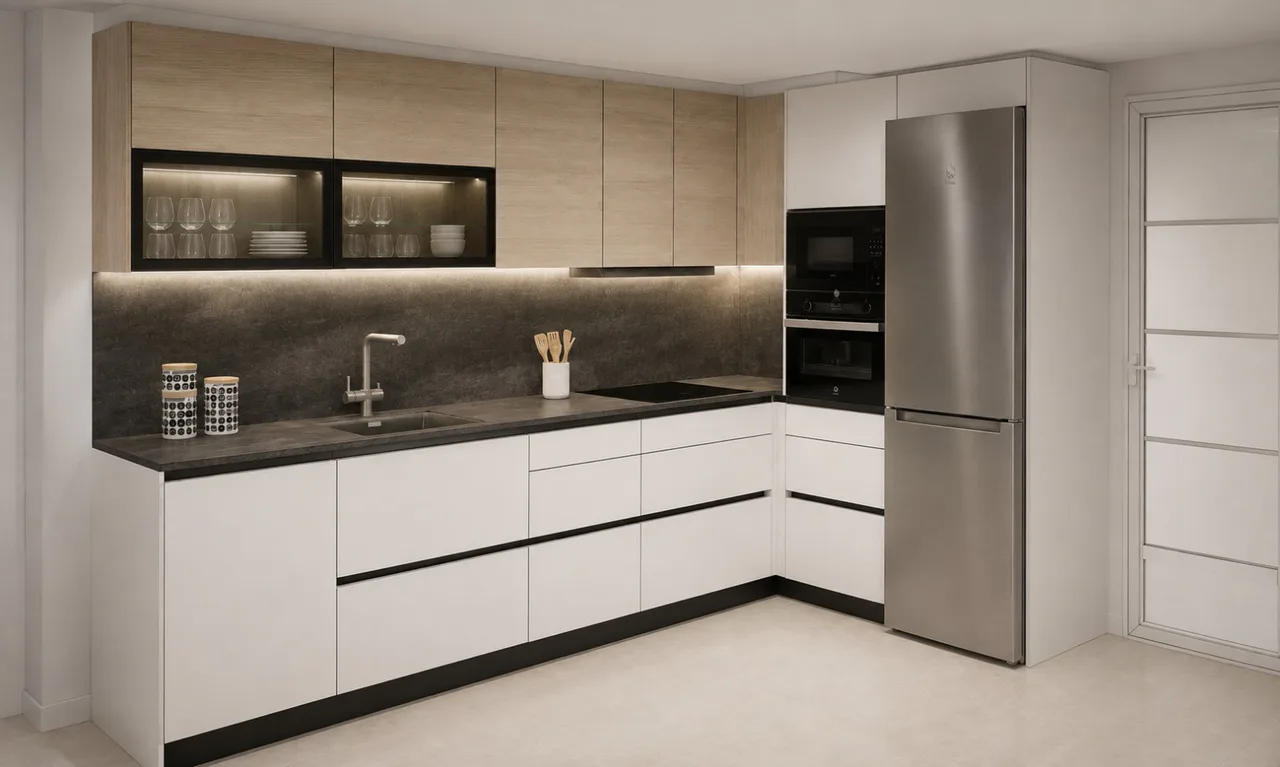 Render 3D de una cocina en L con frontal oscuro, altos de madera y vitrinas