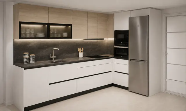 Render 3D de una cocina en L con frontal oscuro, altos de madera y vitrinas