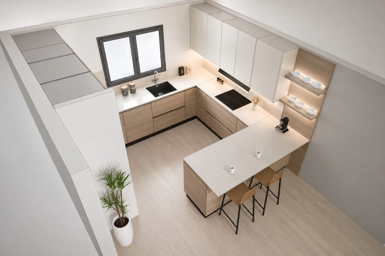 Render 3D cenital de una cocina en U con península y taburetes