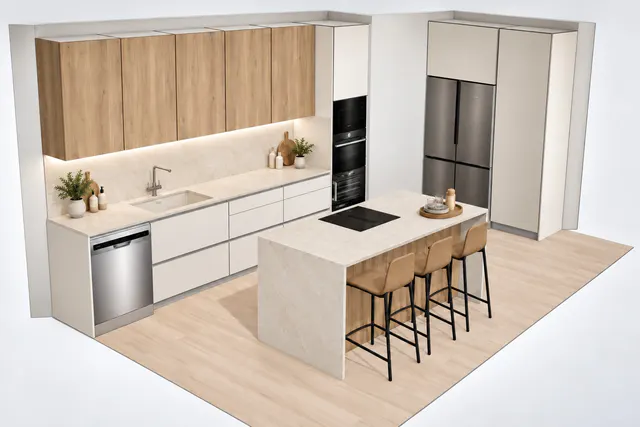 Render 3D en perspectiva aérea de una cocina con isla, barra y altos en madera clara