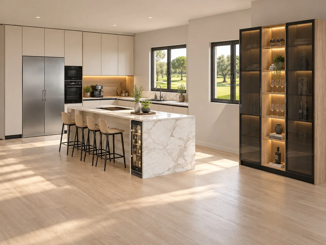 Render 3D de una cocina con isla de mármol blanco, taburetes y vitrina iluminada