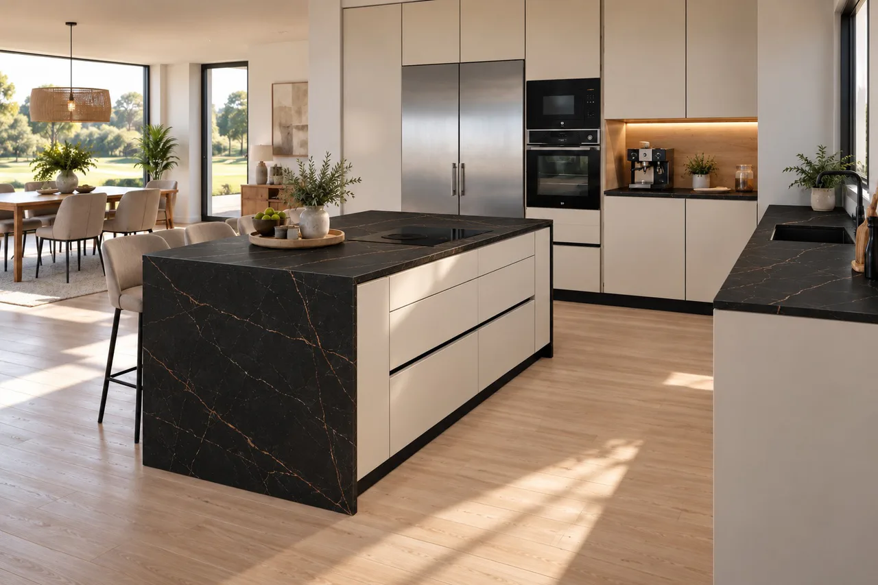 Render 3D de una cocina abierta con isla de piedra negra veteada