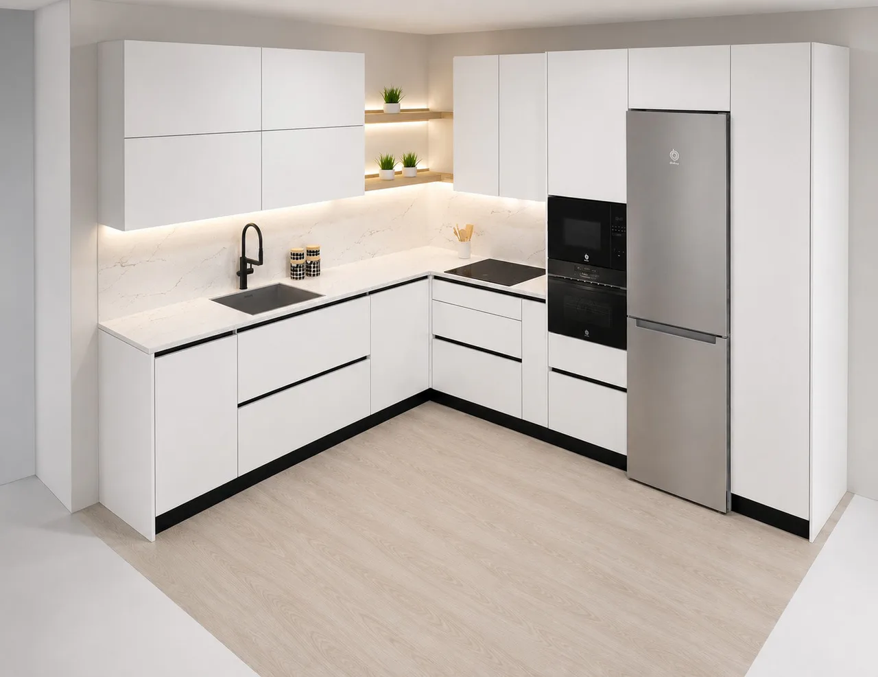 Render 3D de una cocina en L blanca con baldas iluminadas y columna de frigorífico