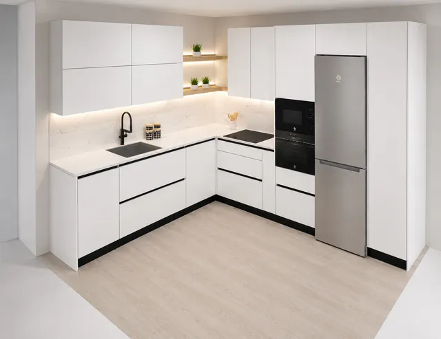 Render 3D de una cocina en L blanca con baldas iluminadas y columna de frigorífico